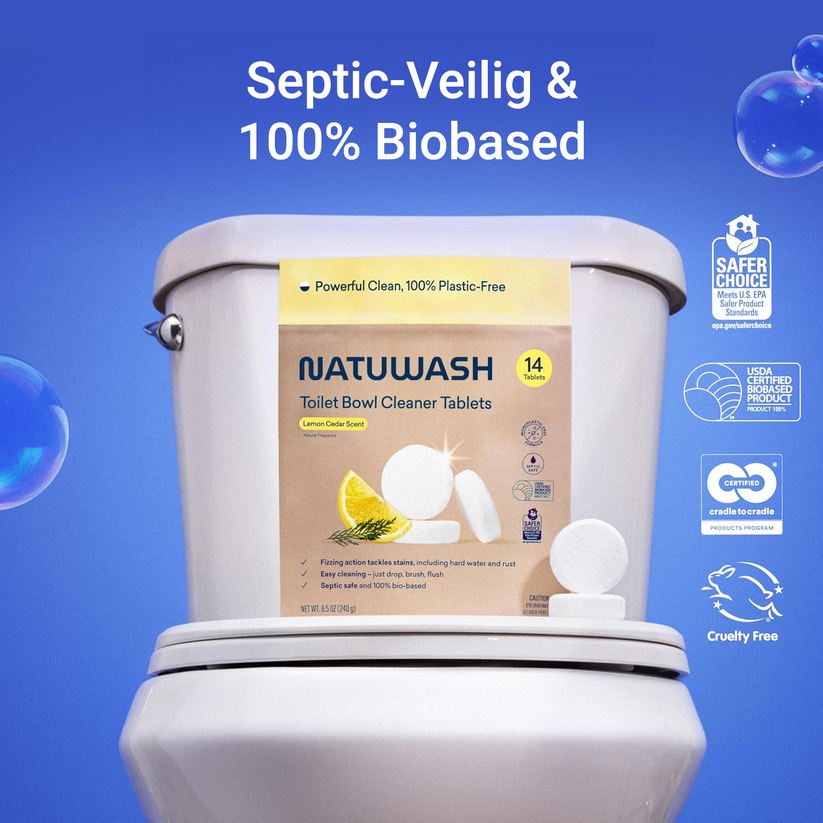NatuWash toiletreinigingstabletten, navulverpakking op een toilet